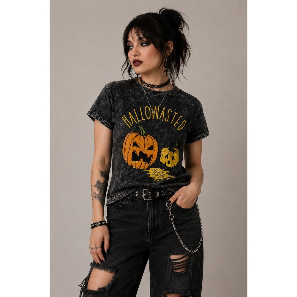 Spirit Halloween Hallowasted Pumpkin Tee Grunge Streetwear Goth Gray Cotton S